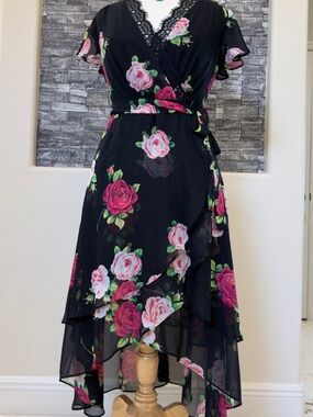 Betsey Johnson Black Floral High-Low Wrap Dress